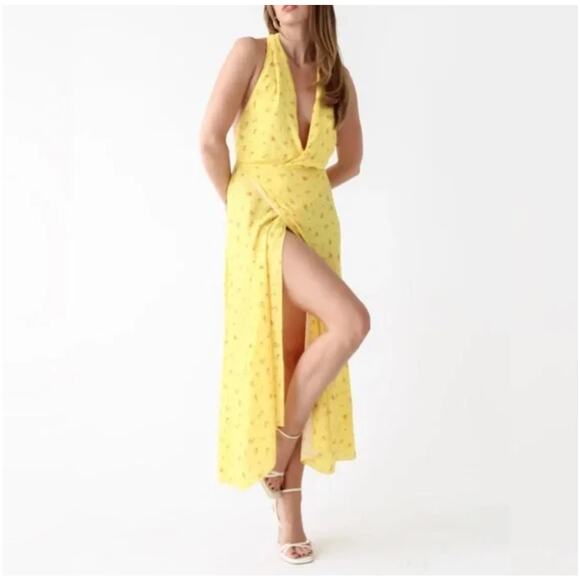 Rumored Sirena Midi Wrap Dress Floral Halter Backless Wedding Prom Small Yellow - Picture 1 of 6